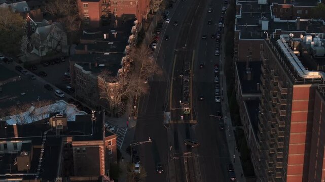 Aerial view of a Boston train at sunset. Shot on a spring day.