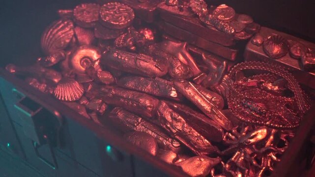 Golden treasure seen by firelight with fog or smoke effect.