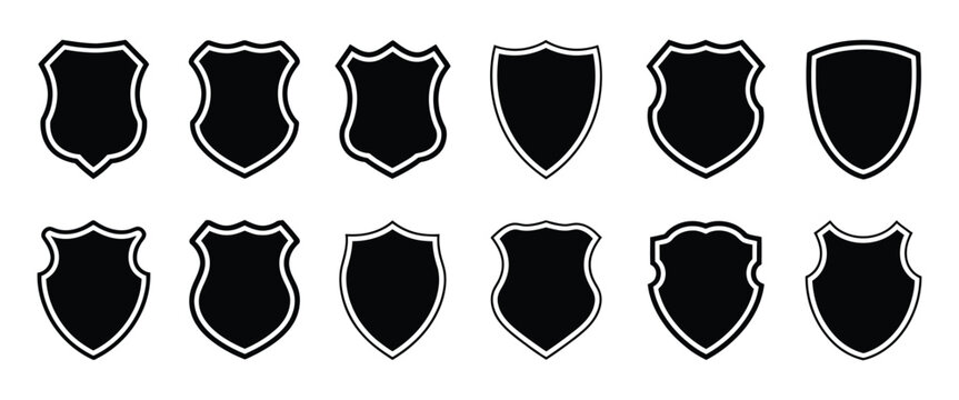 Police Badge Shape Vector Collection, Military Shield Silhouettes, Security and Football Patch Icons Isolated on White Background for Protection Design