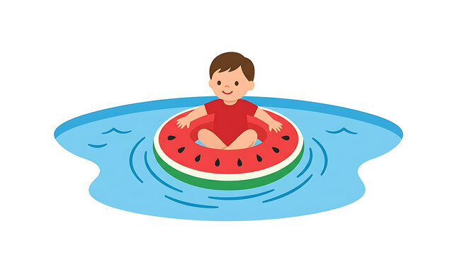 Boy on watermelon inflatable swim ring, summer fun, pool float, cartoon kid