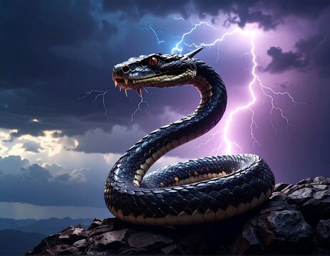 A menacing snake poised on rocks under a stormy sky with lightning