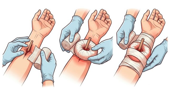 Hands show step-by-step process of stabilizing an impaled object with bandages and supports during a workplace emergency.