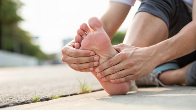 A person sitting on the ground holding and stretching their bare foot, possibly relieving pain or performing a stretch after exercise.