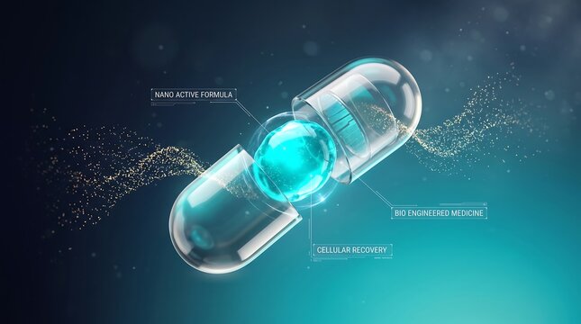 Cross-section of a transparent capsule reveals a glowing blue core, suggesting advanced active formula and bio-engineered medicine.