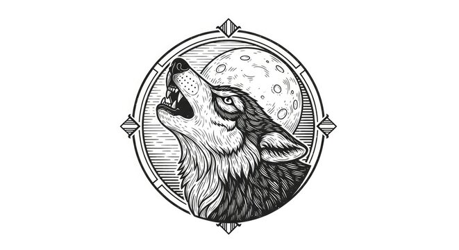 Majestic wolf howling at a full moon, intricate monochrome illustration with compass points. Detailed wild animal emblem art.