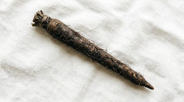Single raw black salsify root on white textured fabric background, organic winter vegetable scorzonera