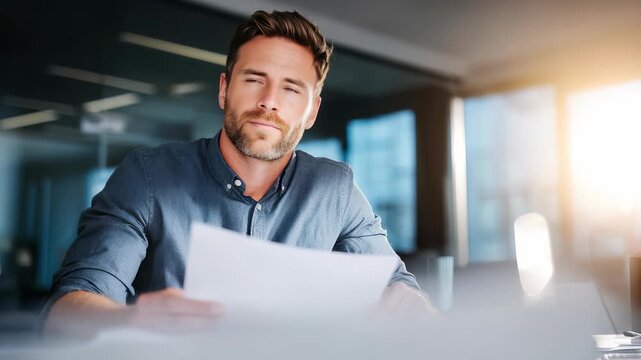 Confident businessman sitting at a modern office desk, thoughtfully analyzing important documents in natural sunlight. Professional male executive planning strategy for business growth and success