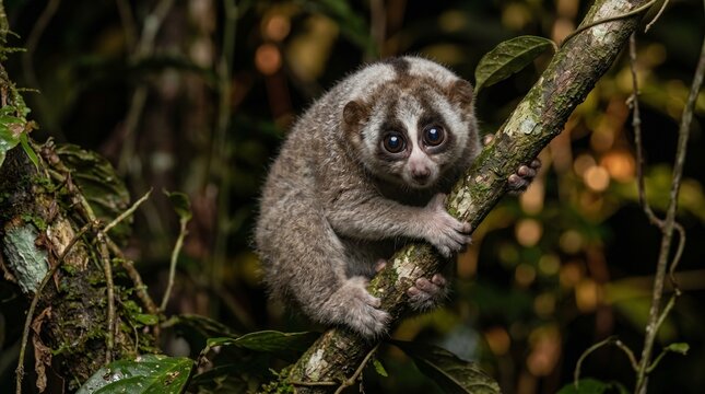 Close-up of a rare endangered Javan Slow Loris with large eyes on a tree branch at night.
