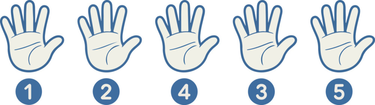 Five hands with numbers underneath for counting or ranking purposes  educational icons