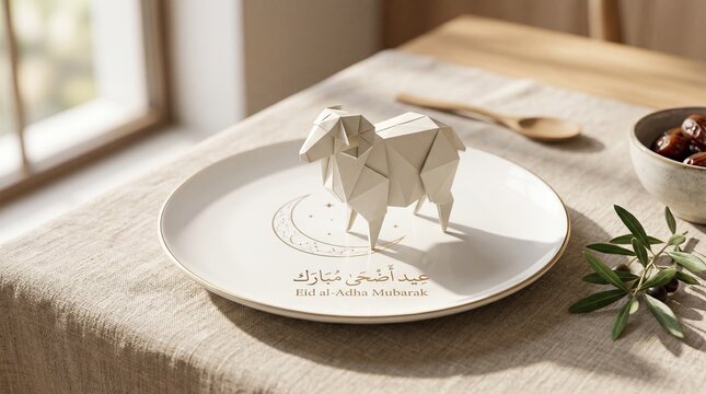 Minimalist Eid al-Adha greeting concept with origami sheep art and gold crescent moon on a plate.