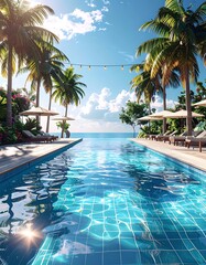 Obraz premium Tropical resort swimming pool with palm trees.