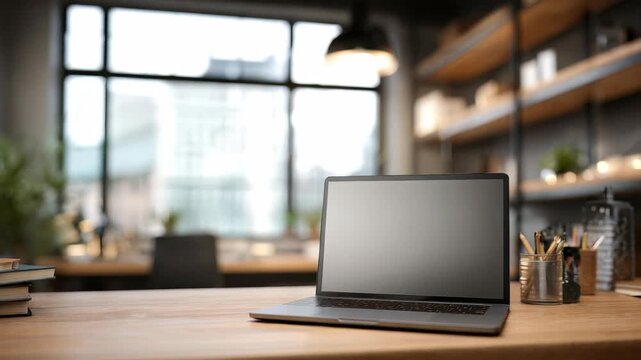 Modern workspace with a sleek laptop on a wooden desk in a bright office environment. Minimalist design and natural light create a productive and inspiring atmosphere for remote work