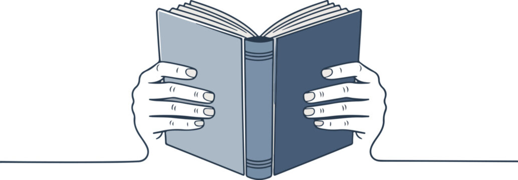Hands holding open book with blue cover pages turning reading material