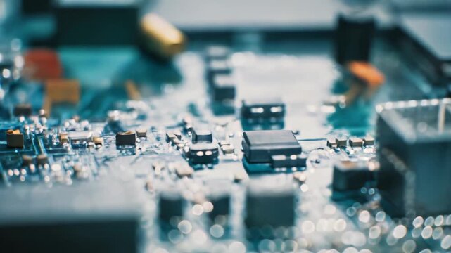 Circuit board close up featuring various electronic components and microchips, illustrating the complex interconnectedness of modern digital information and hardware architecture
