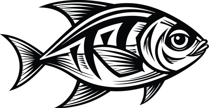 Graphic black and white fish illustration with wildlife, illustration