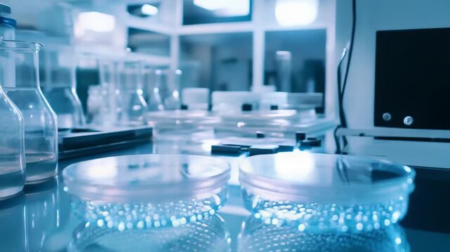 Laboratory with various glass equipment including petri dishes and bottles, symbolizing medical discovery, biochemistry, and pharmaceutical innovation in a controlled environment