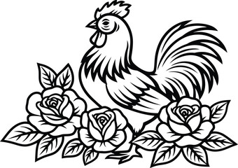 Fototapeta premium Detailed line art illustration of a rooster among roses with stylized