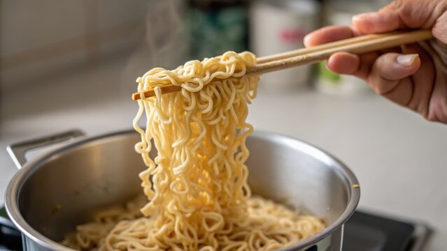 A hand lifts cooked instant noodles with chopsticks from a steaming pot on a stovetop in a kitchen setting.