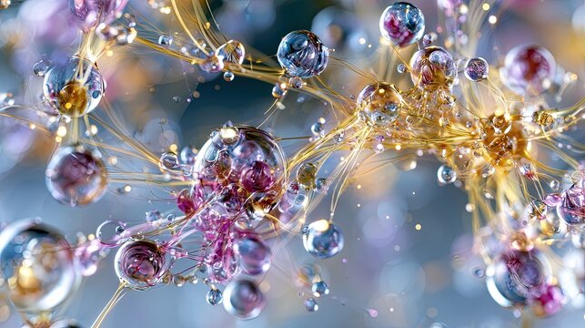 Liquid glass droplets connected by glowing pastel light threads.