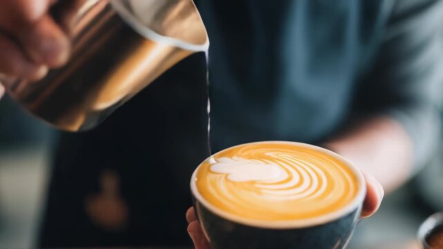 Barista skillfully pours steamed milk into a cup of coffee, creating intricate latte art with a beautiful swirl pattern. The focus is on the hands and the creamy texture of the drink