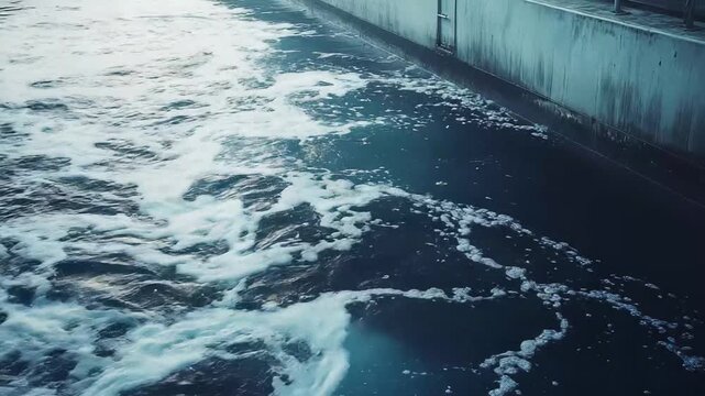 Water treatment plant processing and purifying wastewater in an aeration tank, featuring industrial infrastructure and bubbling water for environmental conservation and sustainability