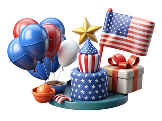 Obraz premium 3D Render Bundle of USA Independence Day Celebration Elements with Flag and Balloons