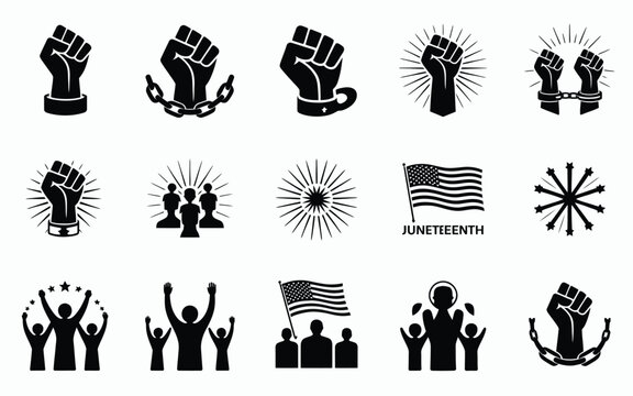 Collection of 15 bold black silhouettes celebrating freedom and unity with fists people and juneteenth symbols on white background