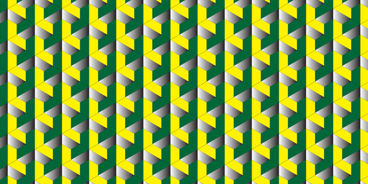 Abstract seamless pattern of interlocking 3D isometric cubes and hexagonal shapes in a vibrant green, yellow, and grey color palette.