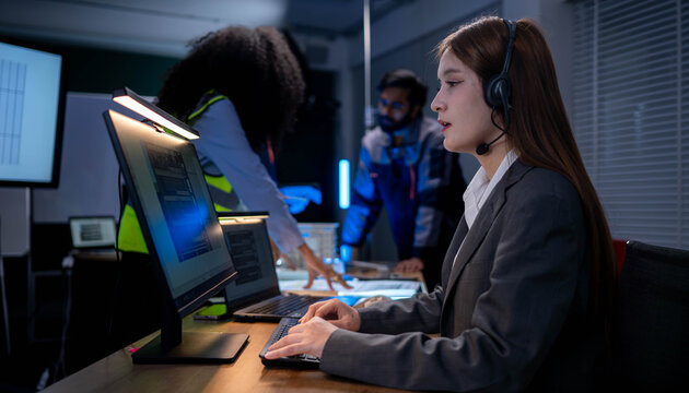 Female customer support specialist working with engineering team and monitoring digital infrastructure systems