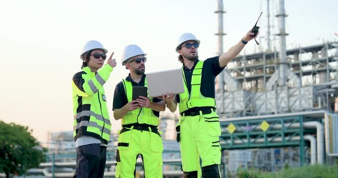 Female engineer and male technician use laptop and walkietalkie near refinery pipeline, coordinating safety compliance audit, maintenance inspection, plant operation, field response plan onsite.