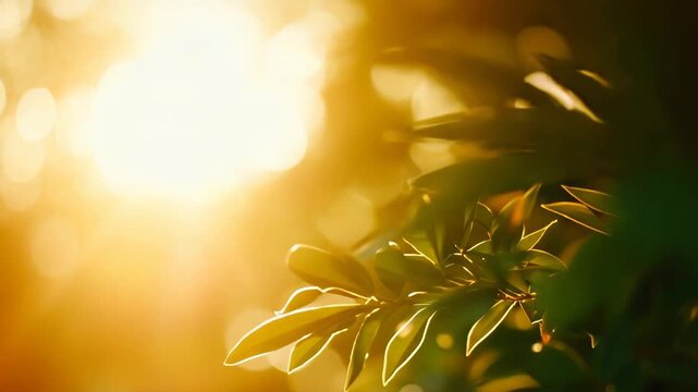 Sun's warm light is streaming through vibrant green leaves and creating luminous bokeh, providing a soft focus background for themes of nature, growth, and natural beauty