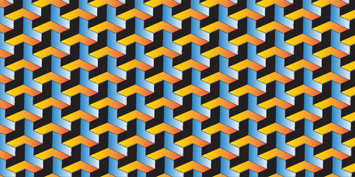 Abstract seamless pattern of interlocking 3D isometric Y-shapes with a vibrant blue, orange, and yellow gradient effect.