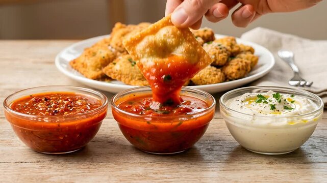 Hand Dipping Fried Ravioli Into Tomato Basil Sauce, Three Dipping Sauces, Macro Food Close-Up Video