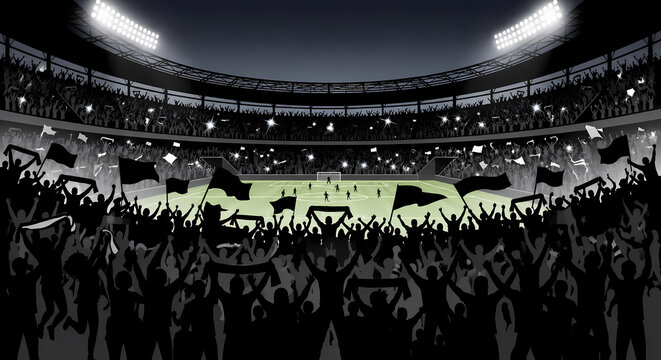 Football Stadium Crowd Celebration at Night, Soccer Fans Cheering with Flags During Championship Match