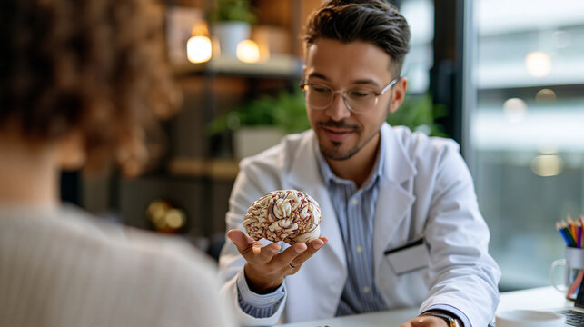 A European neurologist viewed from behind demonstrates a soft brain model to a patient during a bright consultation in calm modern clinic daylight brain model faceless back