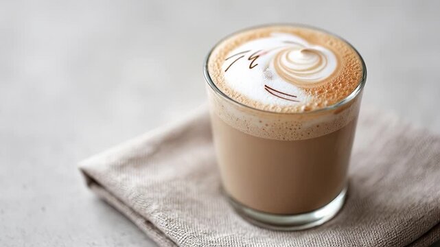 Cute cat foam art in a cup of coffee on a cozy fabric surface