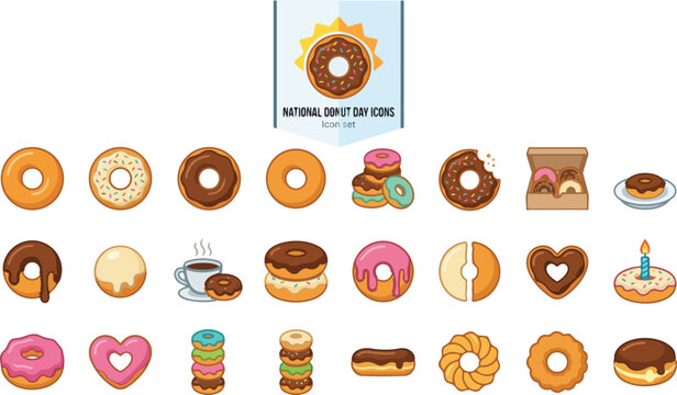 National Donut Day Flat Color Icon Set Glazed Sprinkle Chocolate Donut Stack Bite Box Dripping Glaze Coffee Hole Frosted Heart Tower Eclair 20 Icons Modern Flat Color Vector Bakery Food