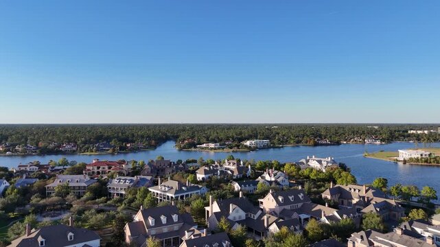 Aerial view of luxurious residential area with million dollar houses by the Woodlands lake, Houston,Texas
