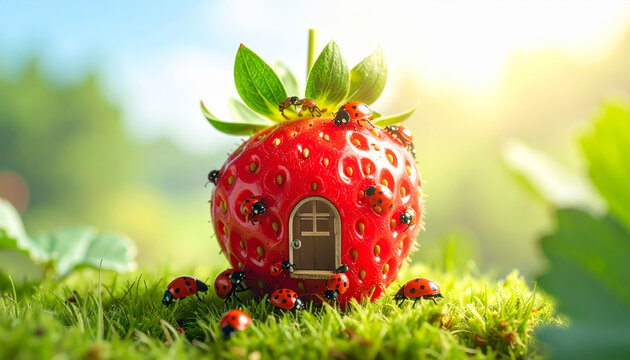 A single perfectly ripe strawberry transformed into a whimsical miniature house inhabited by tiny ladybugs in a sunlit garden setting