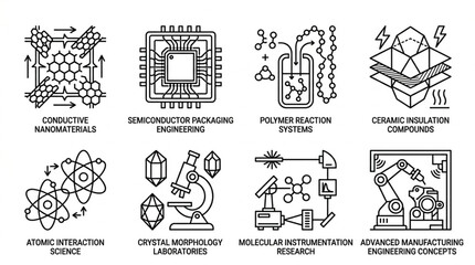 Obraz premium Collection of Scientific and Technological Icons Representing Research and Innovation.