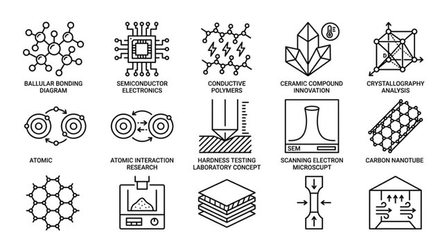 Collection of scientific and technological icons representing materials science and engineering concepts.