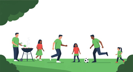 Fototapeta premium A minimalist suburban backyard scene, diverse family grilling and playing soccer on the lawn, bright summer lighting, clean green and white space, minimalist flat vector artwork, clipart style,