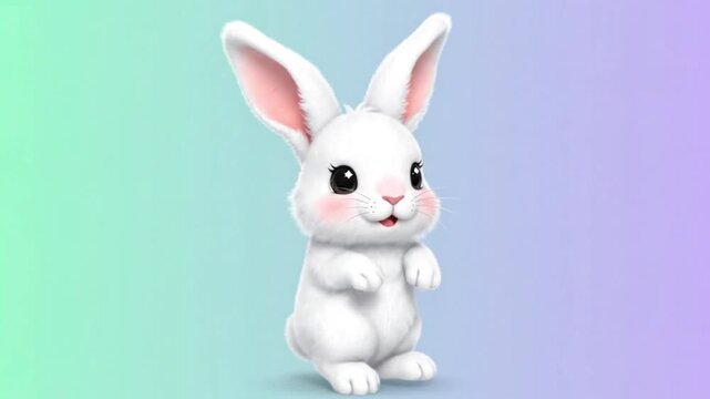 Cute 3D-style white rabbit character standing on a soft pastel gradient background with large expressive eyes and fluffy fur.