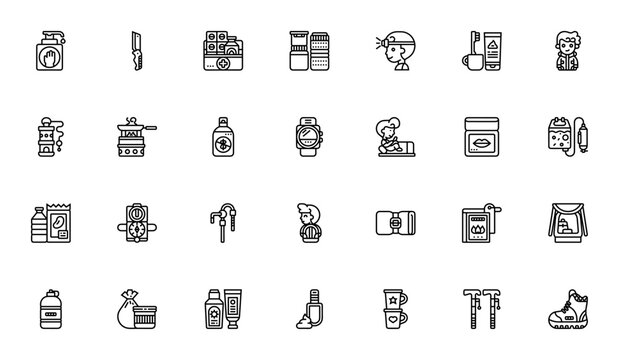 Backpacker icon set. Minimalist travel icon pack. Featuring hand sanitizer, pocket knife, first aid kit, headlamp, backpack, tent, sleeping bag, water bottle, compass, hiking boots and more.