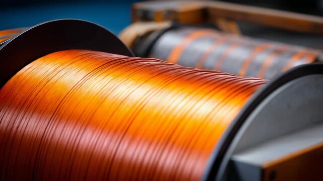 Copper wire spooling on an automated reel in a factory, close up of winding process producing electrical cable and components for power, telecom, and industrial applications
