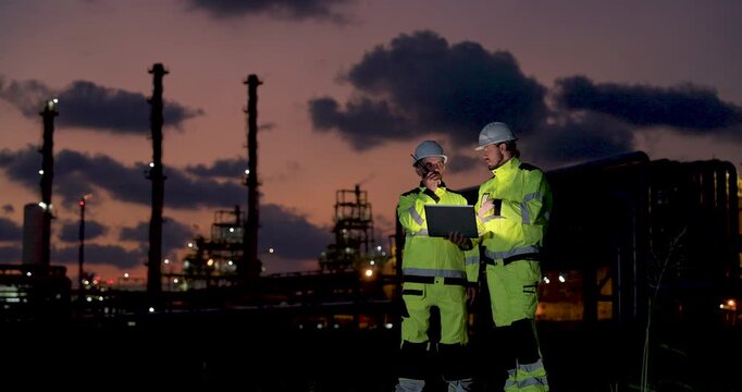 Refinery supervisor points toward industrial tower while female engineer reviews tablet during nighttime operational inspection, coordinating pipeline maintenance workflow, safety communication onsite