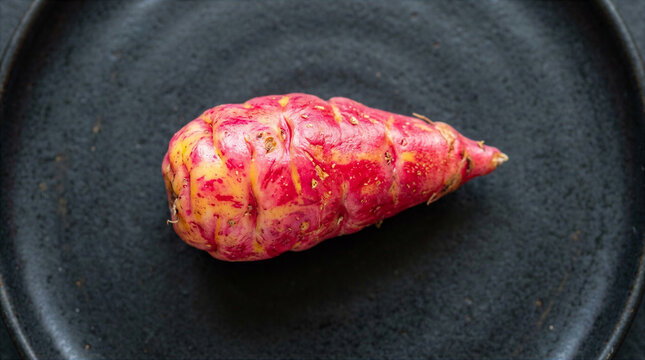 Raw pink and yellow Oca tuber root vegetable on black plate top view