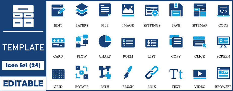 Vector web design and development icon set containing editable ui elements like layers, sitemap, coding, flow chart, browser, and multimedia tool glyphs for apps.