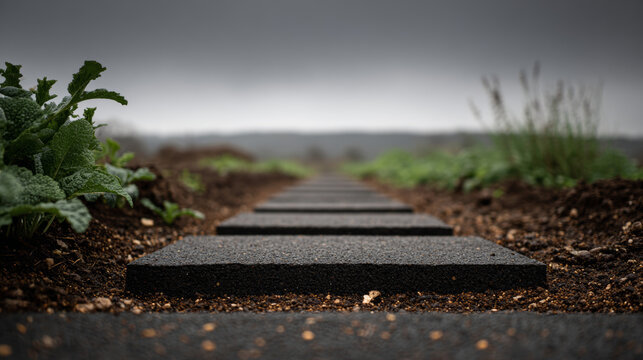 Close Up Eye Level Shot of Textured Dark Gray Garden Stepping Stones Path with Green Plants and Pebbles Under Cloudy Gray Sky