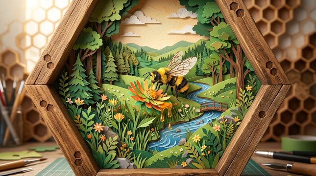 Charming paper diorama showcases a bee amidst a vibrant forest scene with a stream and flowers, handcrafted with intricate detail and a hexagonal wooden frame, evoking nature's delicate beauty